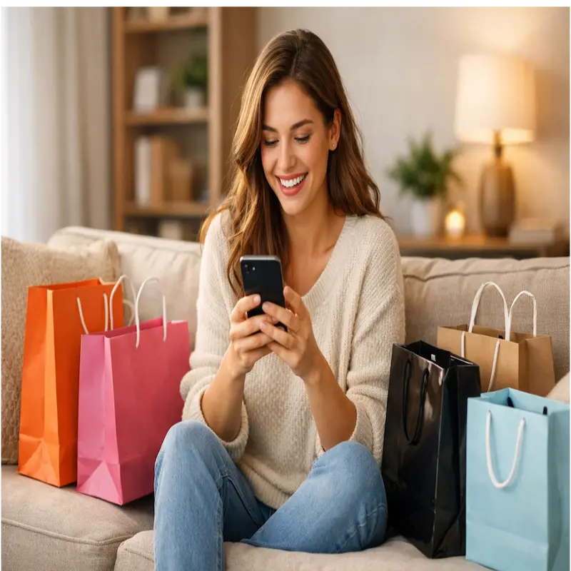 عميلة سعيدة تستخدم كوبونات الخصم للتوفير